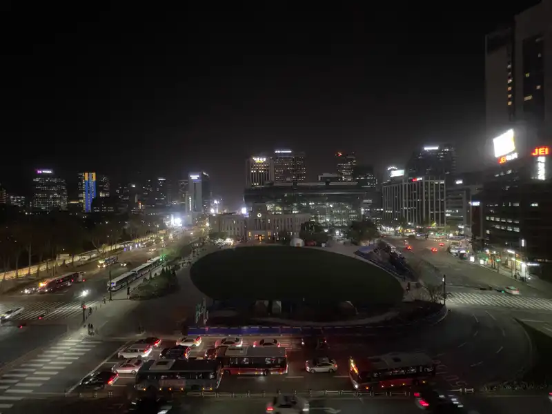 The main Seoul plaza at night.