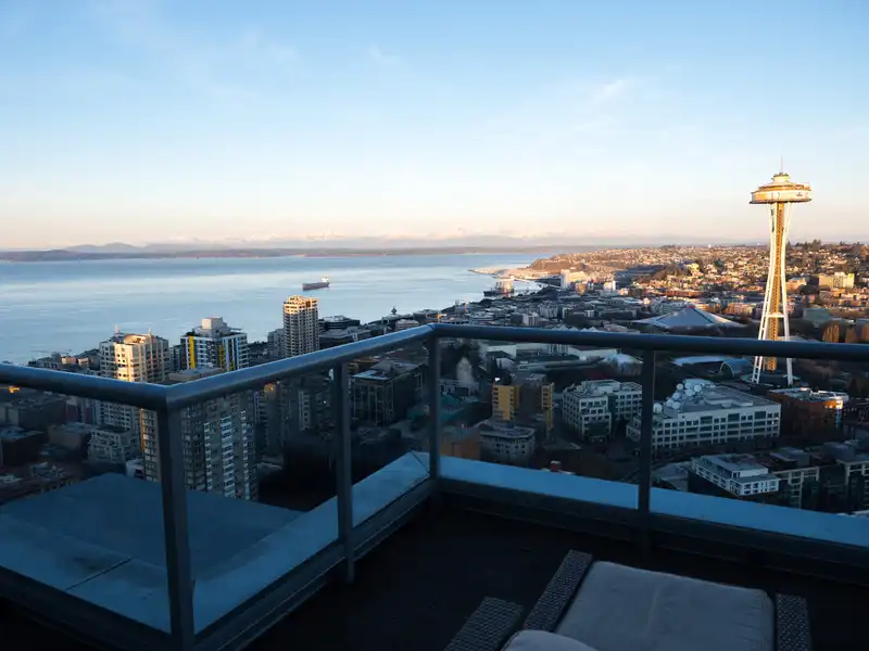 The Space Needle, Key Arena, our future apartment, and the Olympic Mountains as viewed from my cousin's roof
