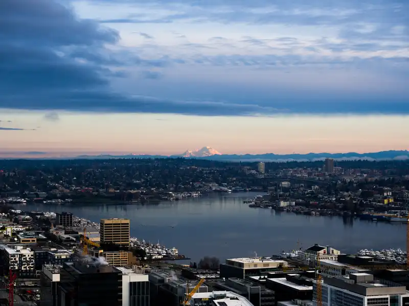 The view that sold Seattle: Mt. Baker painted pink in the dawn sunlight